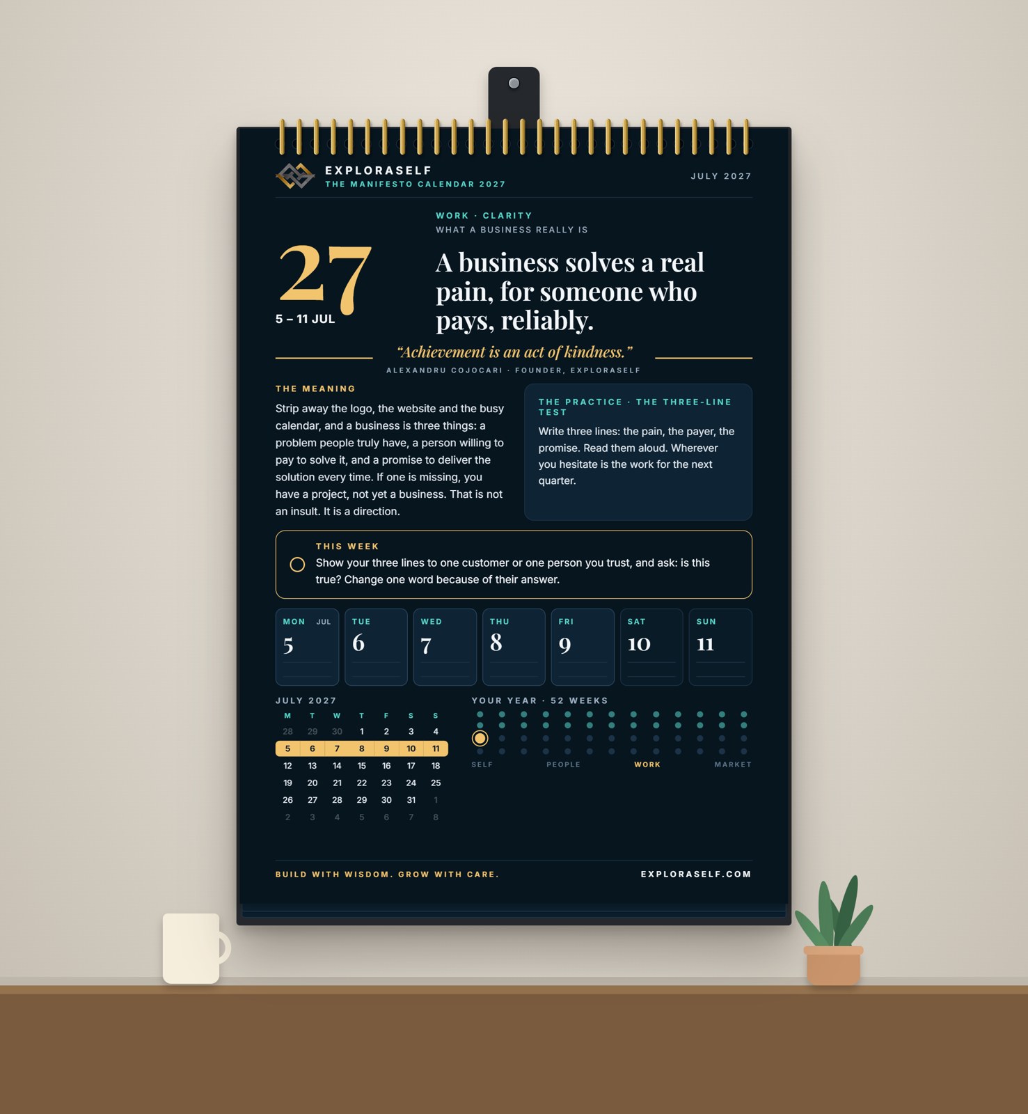 The Dark Navy edition printed and hanging on a wall, spiral-bound