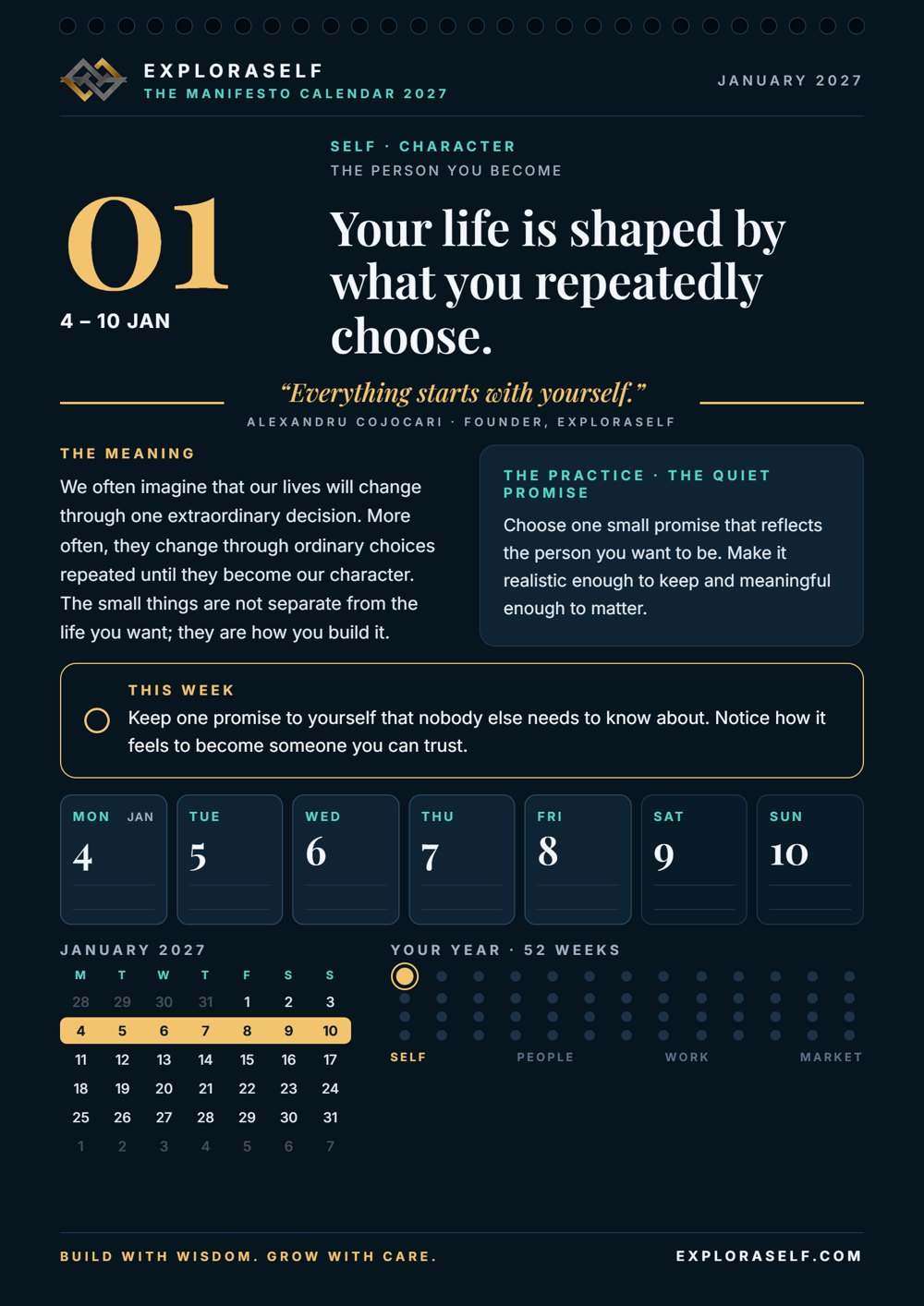 Week 01 page: big week number, Self · Character theme and headline